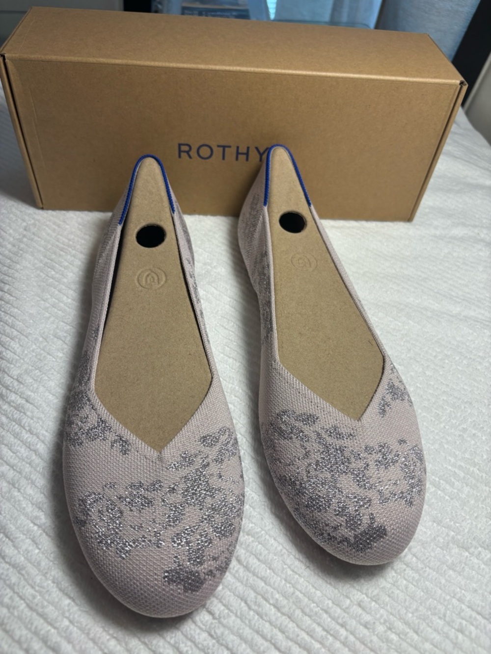 Rothy's Blush Knit Flats with Silver Floral Accents